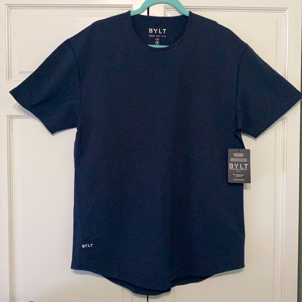 BYLT, NWT, navy blue with gray polka dots size XL shirt.